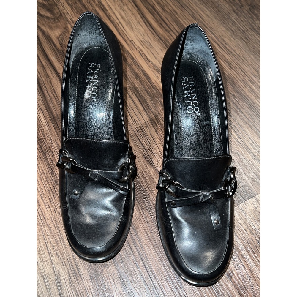 Franco Sarto Heels Leather Black Pumps Womens 7.5 M Slip On Stacked Heel